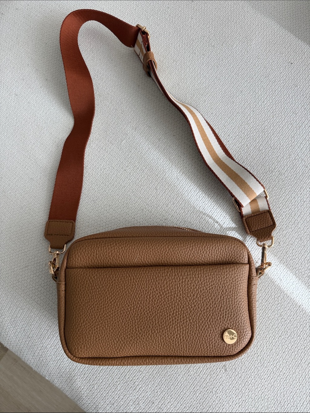 Tan Leather Crossbody Bag with Striped Strap